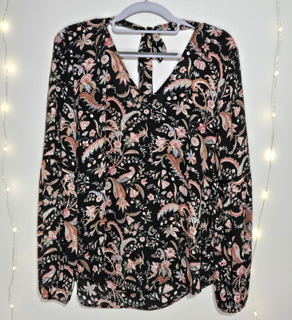 ROSE & OLIVE Womens Dark Floral Paisley Balloon Sleeve Crochet Blouse Small Boho